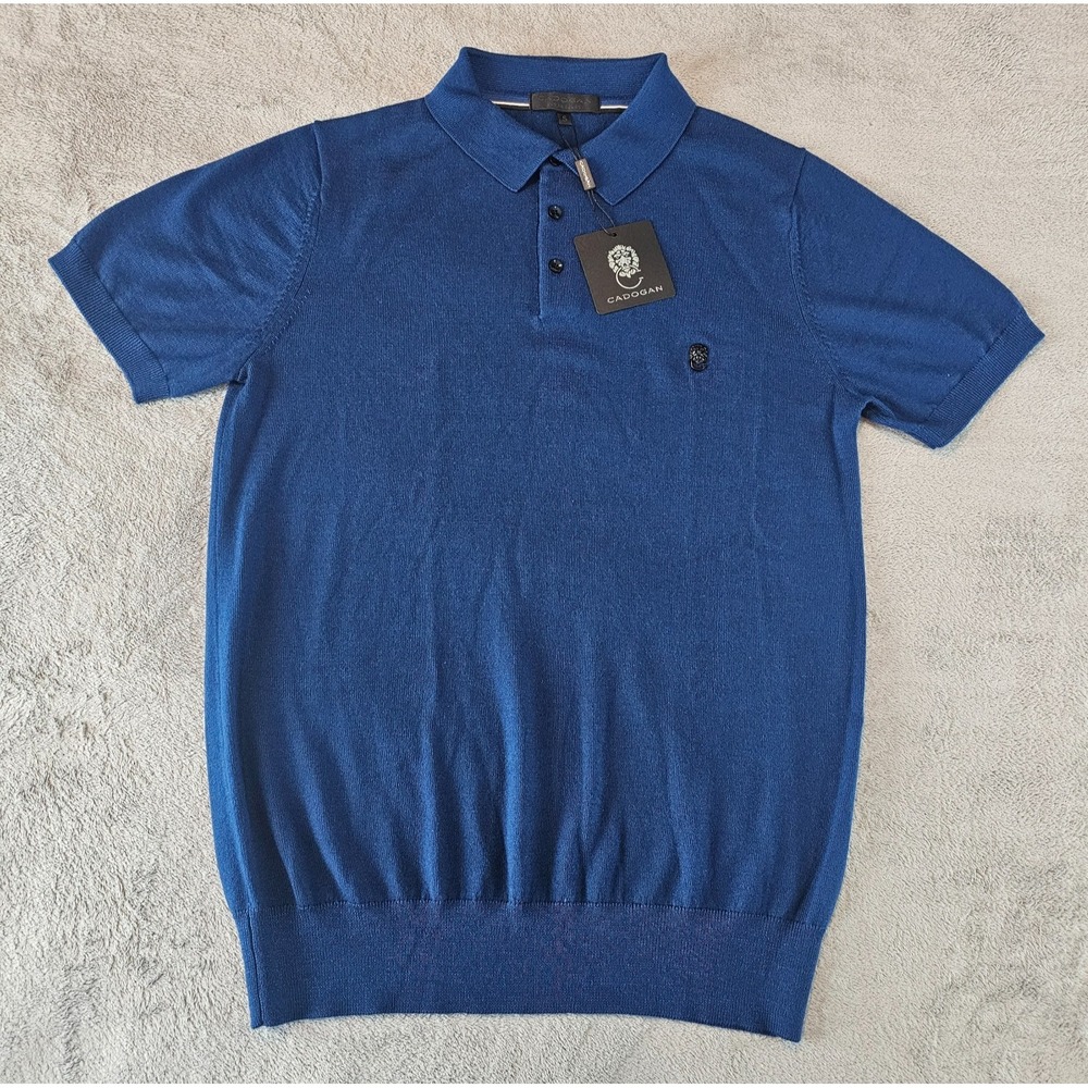 Cadogan Men's Polo Sweater 100% Merino Wool Metal Lion Logo Blue Size Small